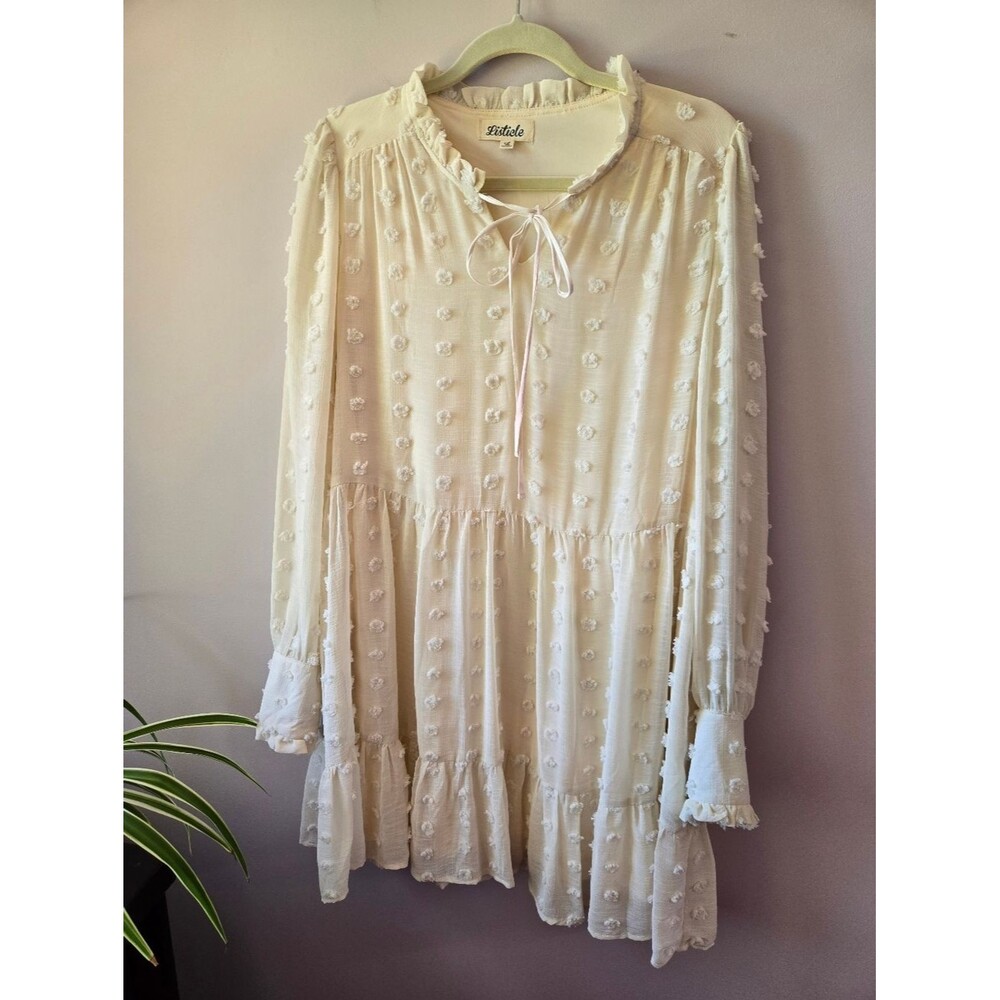 Listicle Cream Swiss Dot Tiered Long Sleeve Mini Dress - Large